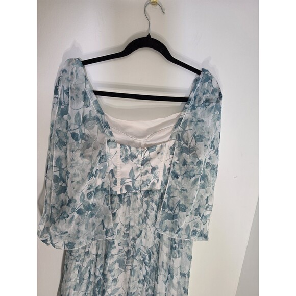 Minuet Blue White Floral Chiffon Maxi Dress Square Neck Sheer 3/4 Sleeve Size L - Picture 4 of 6